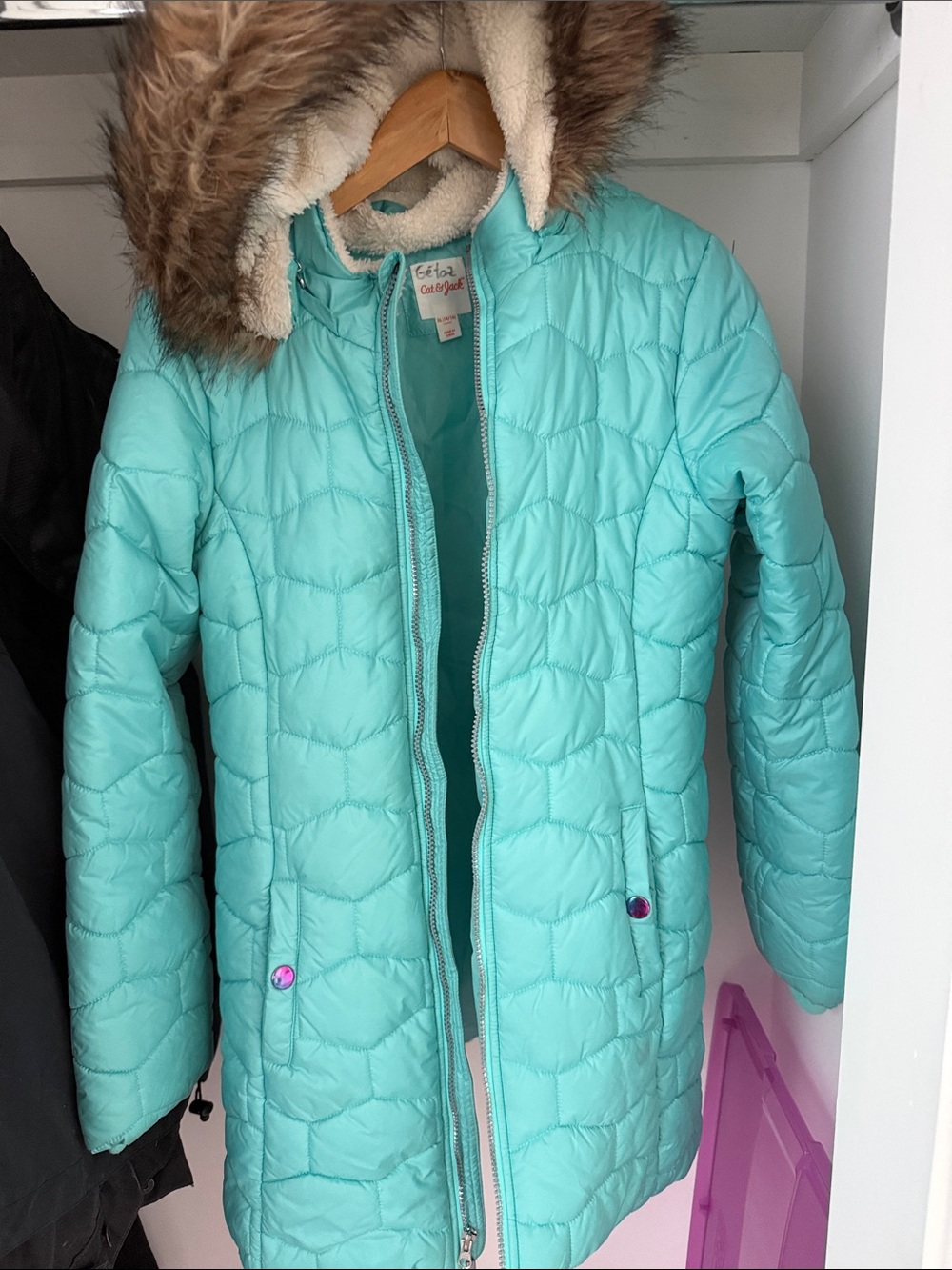Cat & Jack Teal Quilted Hooded Puffer Coat with Faux Fur Trim